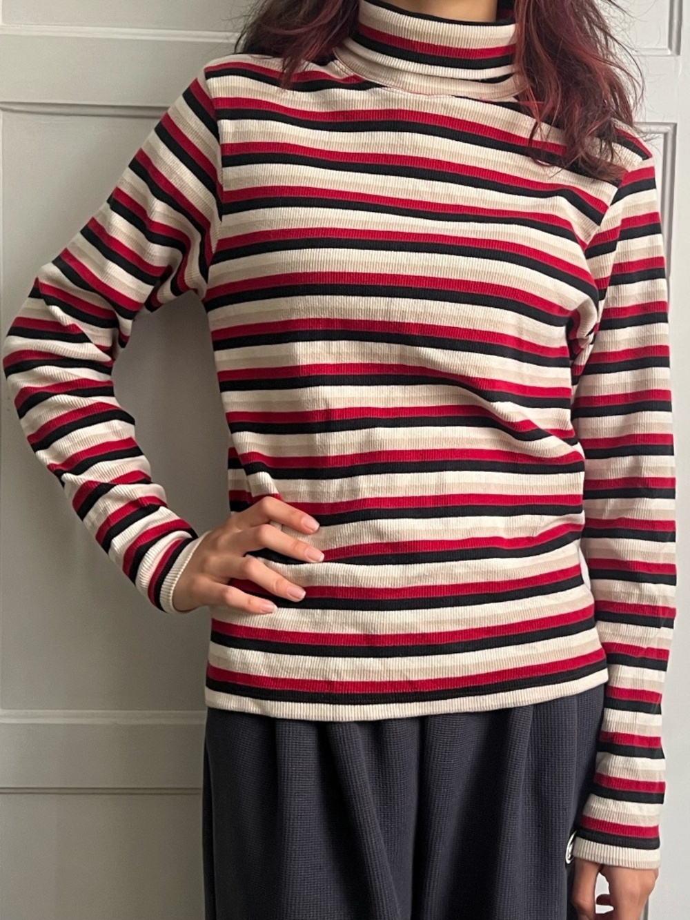 red and cream striped turtleneck sweater XL fits like L